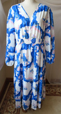 PRETTY GARDEN MIDI DRESS LONG BALLOON SLEEVE V-NECK WHITE/BLUE/PINK XXL NEW