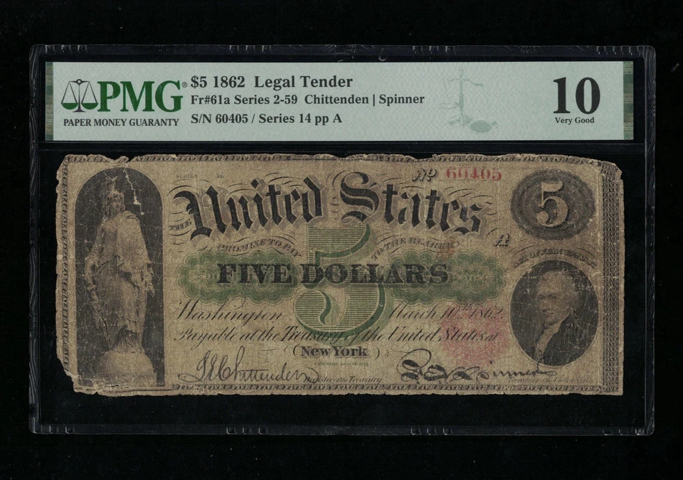 SC 1862 $5 Fr.61a Legal Tender Early Civil War Issue Spinner Sig. PMG 10 (405) - Image 2 of 4