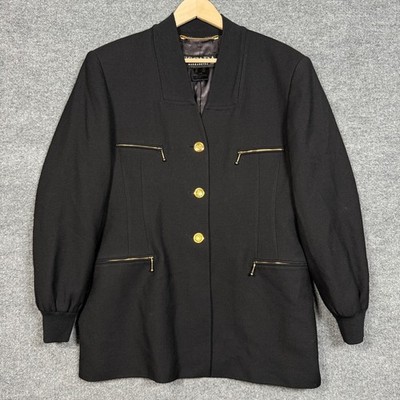 Escada by Margaretha Ley Size 42 Bomber Jacket Black Gold Buttons Zipped Pockets
