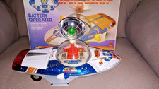 VINTAGE TIN TOY UFO ZEUS FORCES ME2004 BATTERY OPERATED ORIG BOX WORKS GREAT !