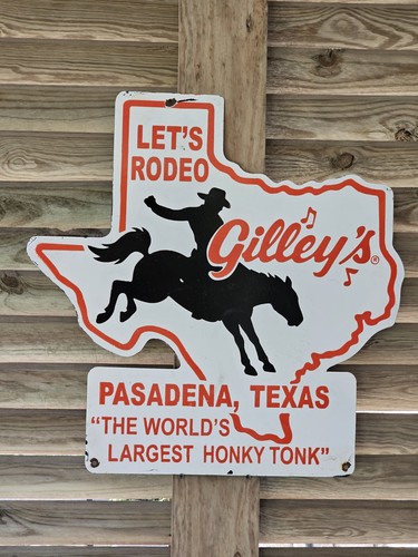 VINTAGE GILLYS PORCELAIN SIGN OLD PASADENA TEXAS DANCE CLUB HONKY TONK RODEO 24"