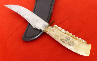 Walking Bear Customized Germany Blade 9.5" Deer Jaw Scrimshaw Sheath Knife