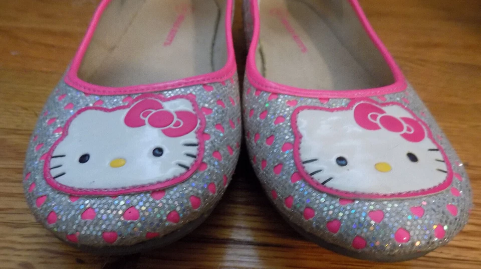 Vtg Sanrio hello kitty Face applique pink silver Hearts Ballet flats 5 wms 7 FUN - Image 4 of 4
