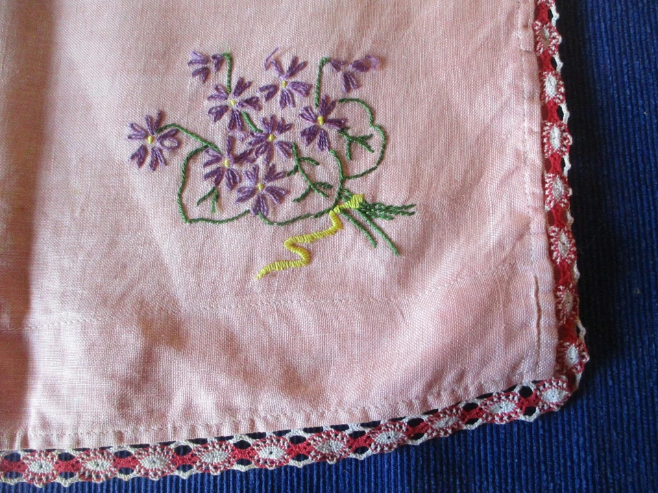Pochette à linge range pyjama ancien fleurs brodées lin  36 x 38 cm N°16 rose - Photo 4/4
