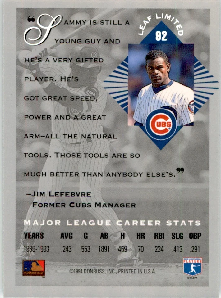 1994 LEAF LIMITED SAMMY SOSA CHICAGO CUBS #92 - Image 2 of 2