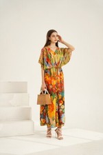 Women’s Summer Loose Kimono Maxi Dress Wrap V Neck 3/4 Sleeve Floral Print Slit 