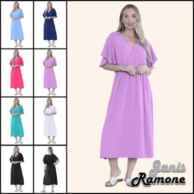 Italienisches Damen Wickelkleid Rüschen Kurzarm Uni Freizeit Sommer Midikleid