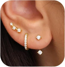 3 Pairs 925 Sterling Silver Earrings Set, Gold Plated Huggie Hoops for Women