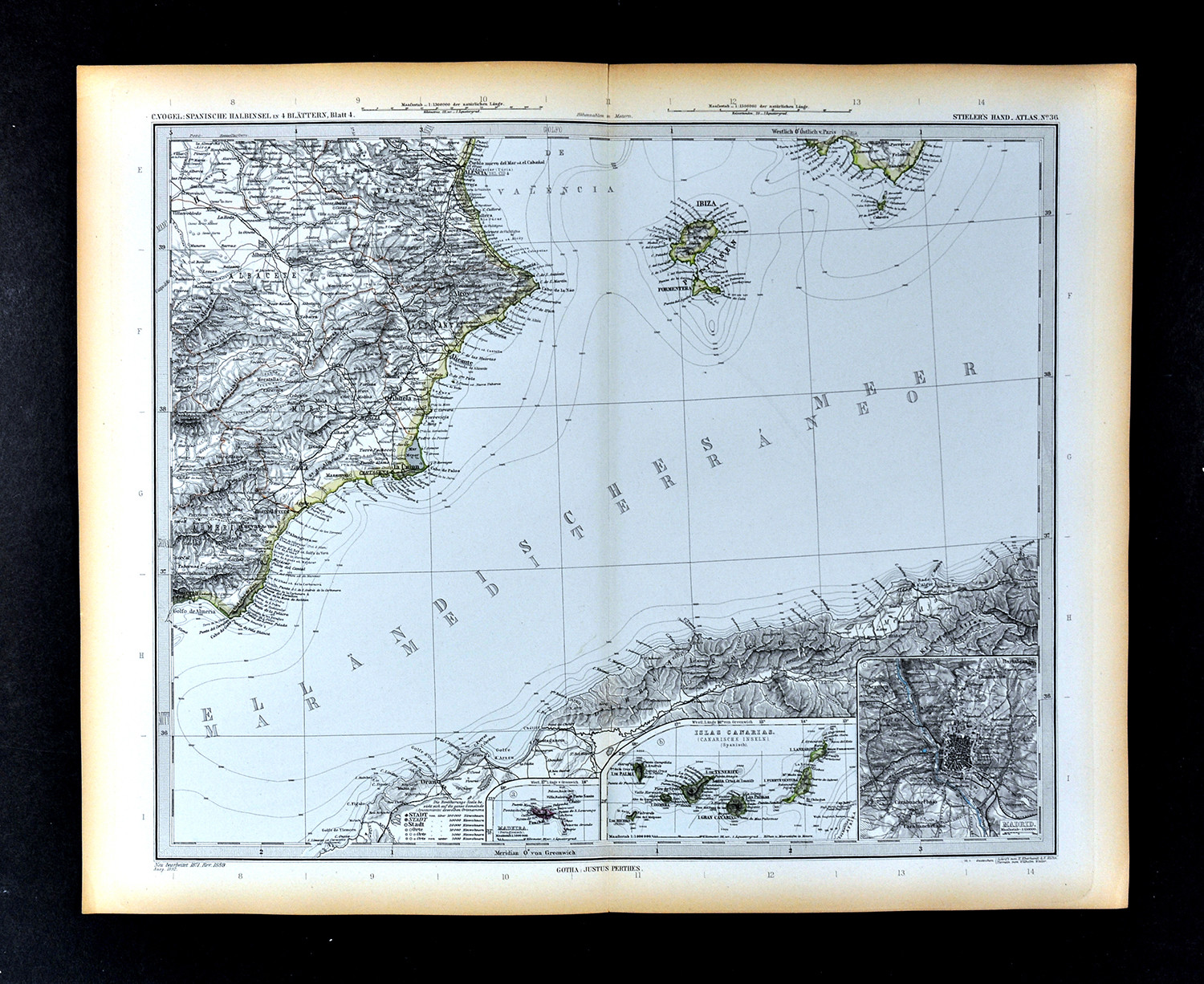 Mapa Stieler 1892 SE España Ibiza Valencia Cartagena Argelia Islas Canarias Madrid