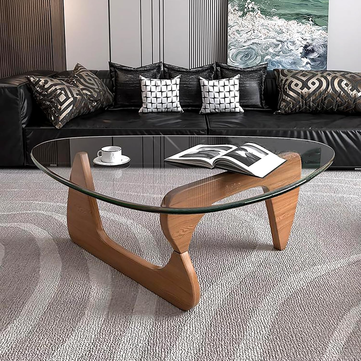 Modern Glass Coffee Table Mid Century Style Wood Base for Living