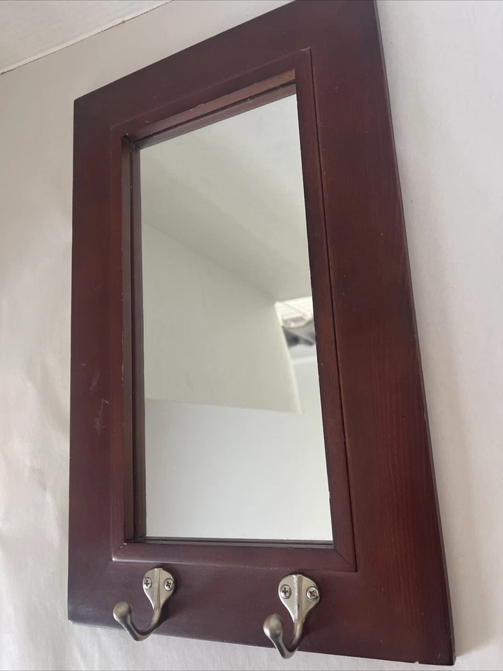 Dublin Pub Mirror Walnut Entry Accent Metal Hooks 15.5 x 9.75” Vintage - Image 3 of 4