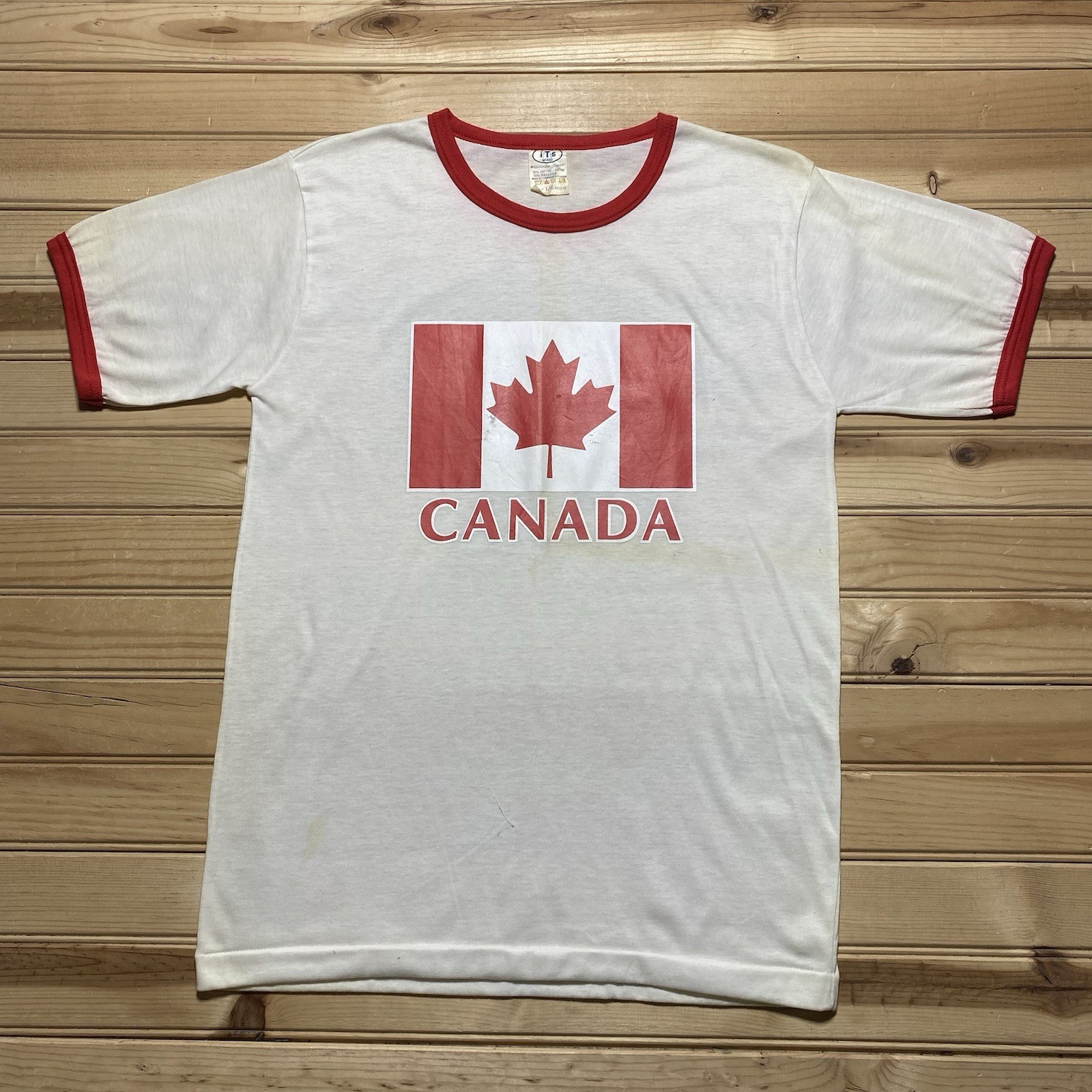 Vintage 80s Canada Flag Ringer Tee Medium with Stains