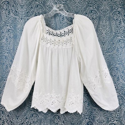 Ulla Johnson Balloon Sleeve Peasant Blouse White Embroidered Lace Sz 2