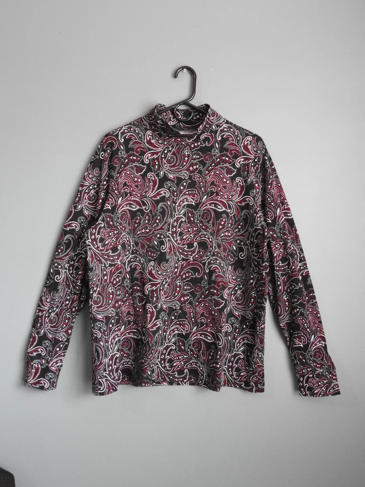 Lands End Talla L/T Navidad Paisley Mujer Algodón Tejido Simulado Pullover Cuello Alto Foto 2 de 4