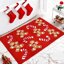 Christmas Gingerbread Man Candy Cane NonSlip Bath Mat Doormat Red Brown