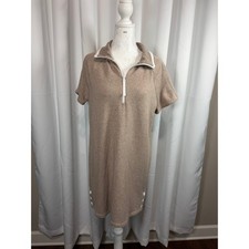 T by Talbots Womens Petite M Tan Heathered Quarter Zip Short Sleeve Dress Sporty