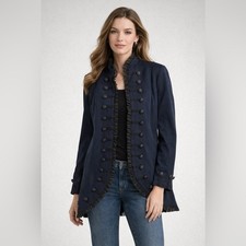 Soft Surroundings Navy Buttoned Blazer Soft Ruffled Lined Black Victorian Size L