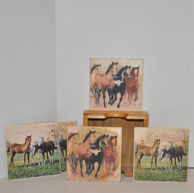 John Saunders Art Wild Horses Ceramic Coasters Set Of 5 With Wooden Holder Ranch