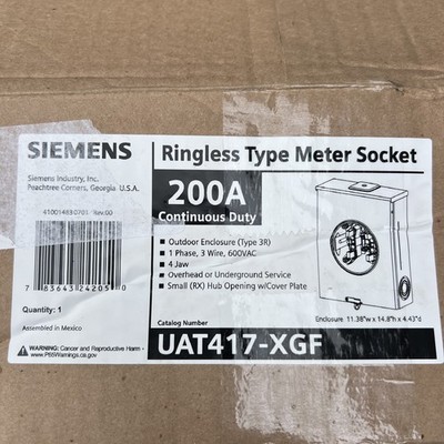 Siemens UAT417-XGF Talon RGLS Meter Socket 200A 600VAC 1PH 3-Wire 4-Jaw Read