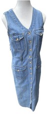 VTG 90's True Blue Maxi Denim Dress Buttons Pockets Slit Sz 7/8 Boho Peasant
