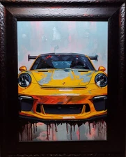 Original Painting. Super Car, Race Car, Sport Car, Yellow Porsche. Framed