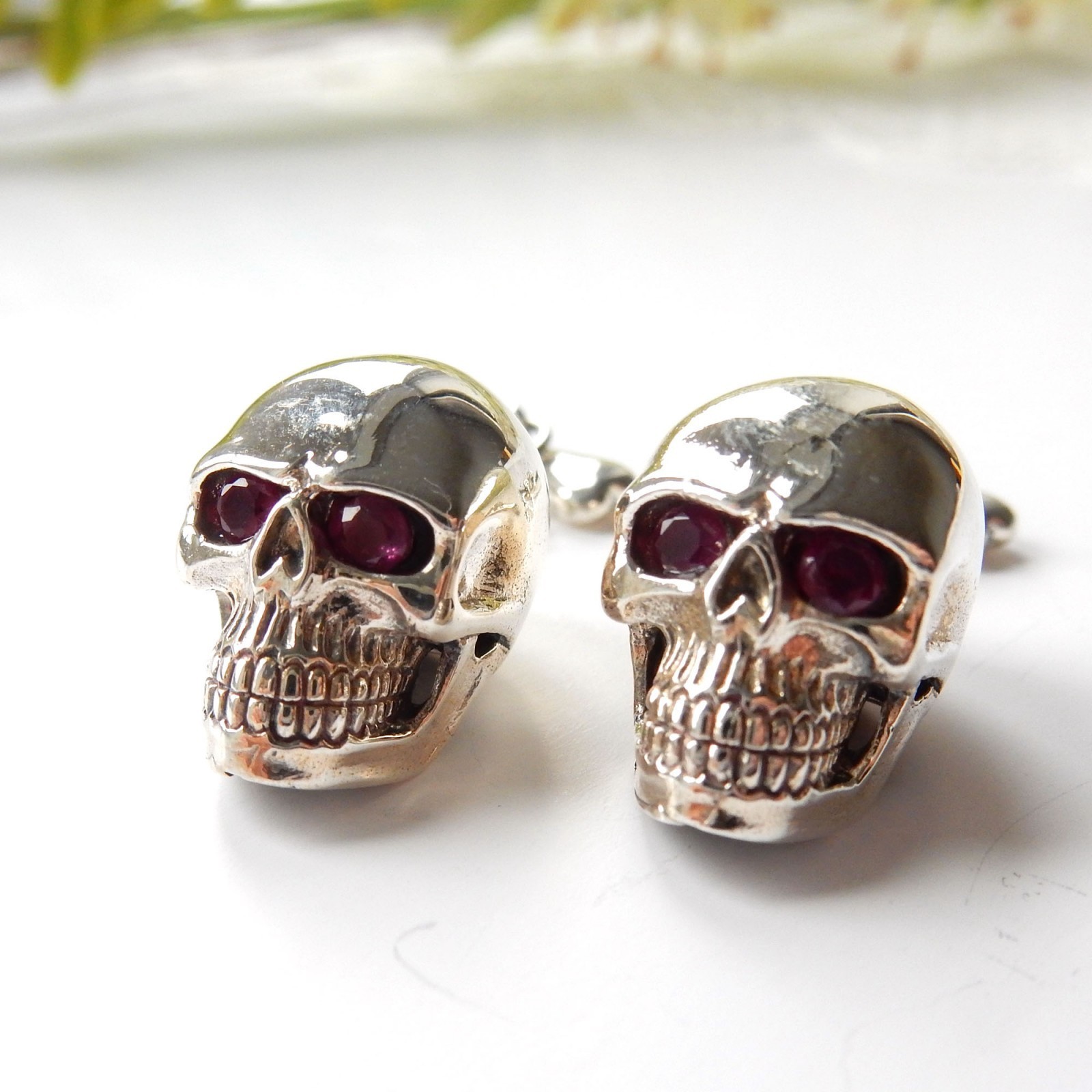 Sterling Silver Ruby Skull & Bone Cufflinks - image 1