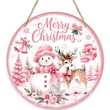 Pink Christmas Door Decorations, Snowman Welcome Sign for Front Door /MP06