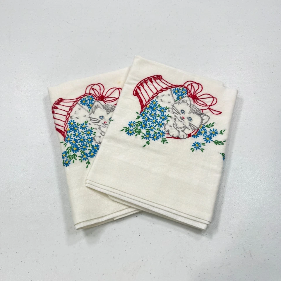 vintage pillowcase pair standard embroidered cats in basket mcm retro - Image 2 of 4