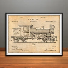 1891 R. S. Battles Climax Locomotive Patent Print Art Drawing Poster