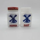 Vintage Hazel Atlas Blue Dutch Windmill Milk Glass Salt Pepper Shakers 1 Lid