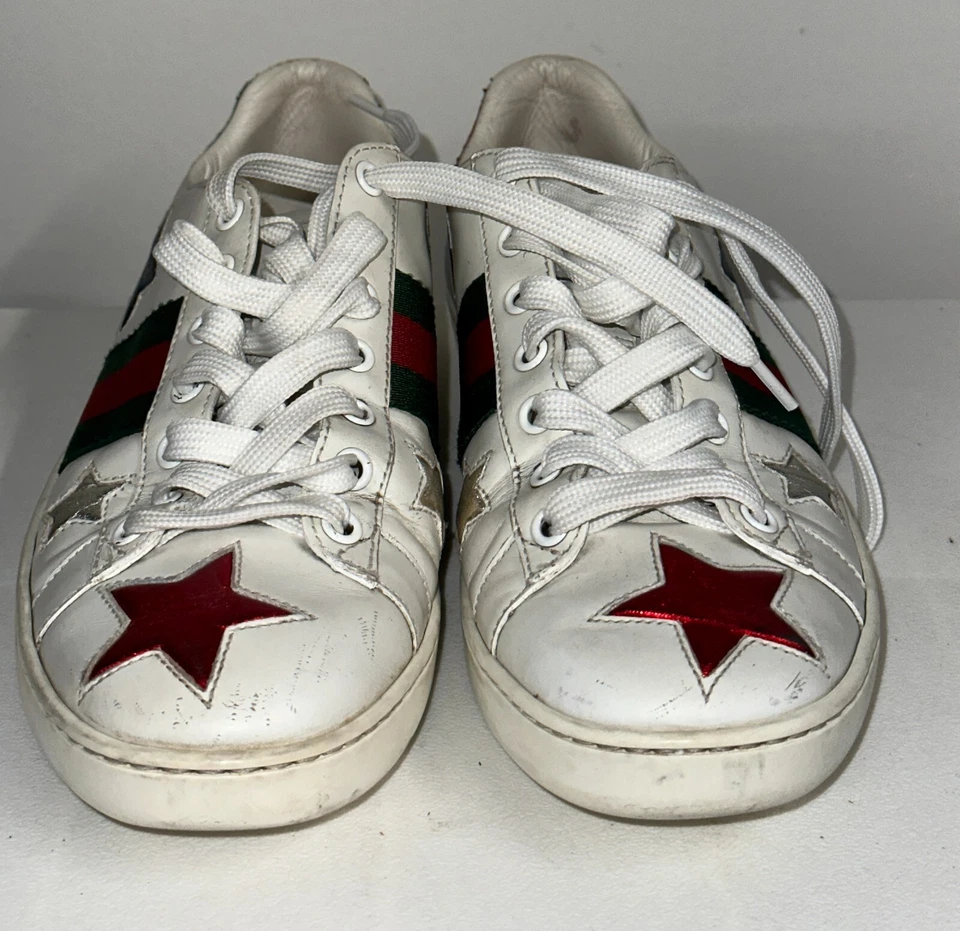 Zapatillas Gucci Ace Star Blanco y Metálico Rojo Verde Retazos Cuero Talla 37.5 Foto 4 de 4