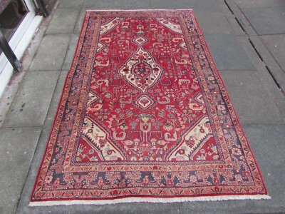 Feiner Vintage handgefertigter traditioneller orientalischer Wollteppich verblasst rot 222x136 cm