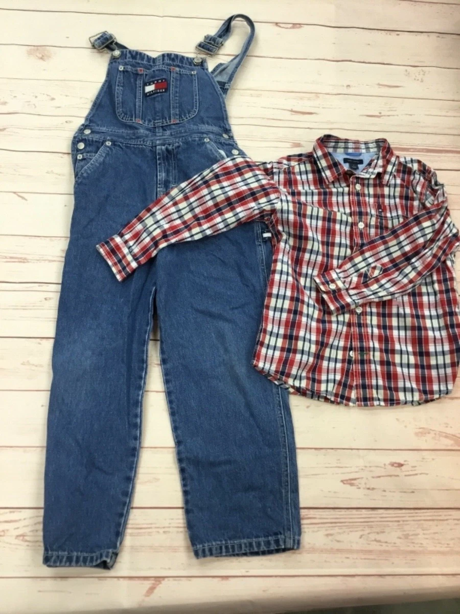 Vintage 90's Kids Tommy Hilfiger Denim Overalls Size 7 spellout flag with shirt