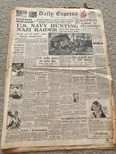 Daily Express Newspaper 1941 November 18th US Navy Hunting Nazi Raider ORIGINAL