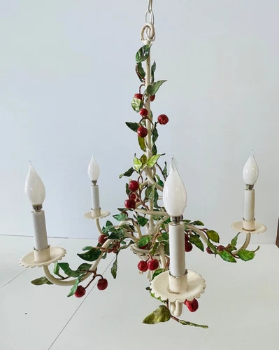 Italian Florentine Tole Cherries Corded Pendant 5 Light Chandelier Mid Century