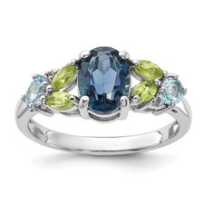 SS Rhodium London Lt.Swiss Blue/White Topaz and Peridot Ring Size 8