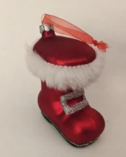 Santa Claus BOOT Glass Ornament w/Faux Fur Trim Sparkle Glitter Shoe Buckle 3"