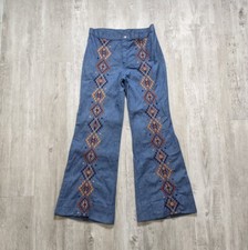 Vintage 1970s Aztec Embroidered Denim Flare Bell Bottoms Hippy Women's Jeans