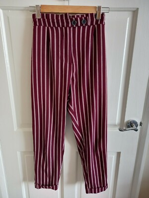 Pull Bear Burgundy White Striped High Waist Smart Work Trousers
