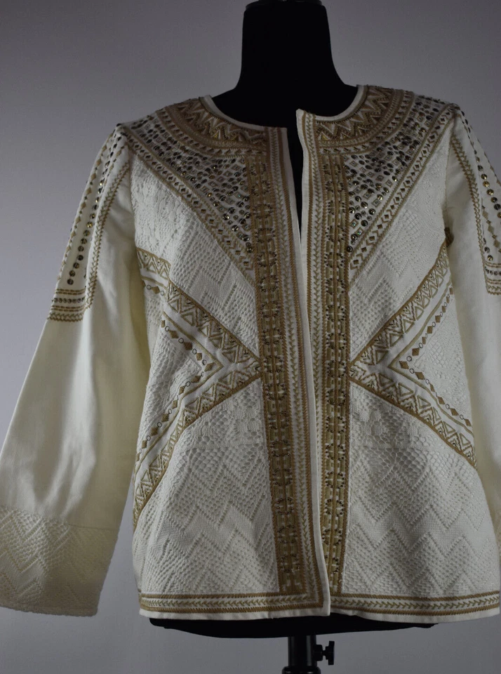 Chico's Sz 1 M/8 Open Front Beaded Jacket Lined Blazer Embellished Lace Sequins - Image 3 of 4