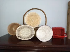 lot of 6 Vintage Wicker Rattan Storage Baskets Various Shapes Colors & Sizes