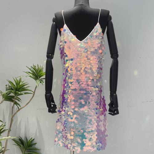 Women Glitter Sequin V Neck Spaghetti Strap Bodycon Mini Dress Party Club - Picture 14 of 19