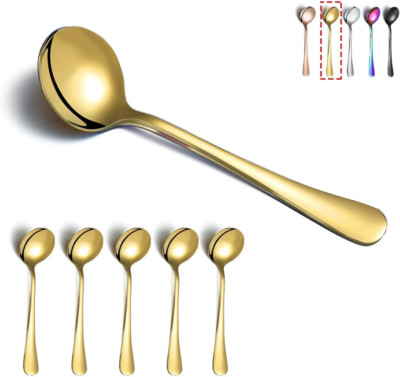Gold Soup Spoons,  6 Pieces Stainless Steel round Spoons with Gold Titanium Plat