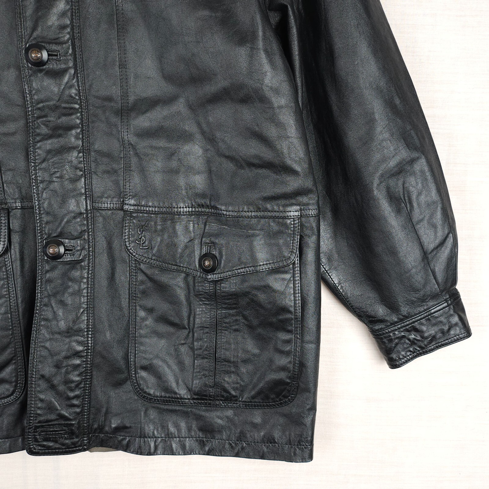 YSL Yves Saint Laurent Uomo M Giacca di Pelle Nera Utility Field Designer