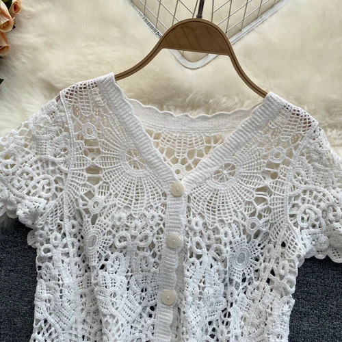 Cardigan bolero donna uncinetto spalle scoperte maglia pizzo crop top copricostume - Foto 6 di 15