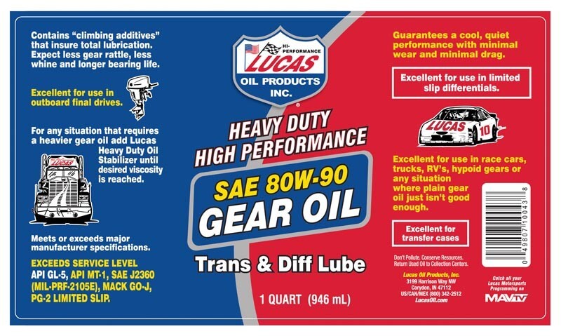 Lucas Oil 10043 SAE 80W-90 Gear Oil Trans & Diff Lube, 1qt (32oz)