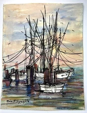 Original Boats In Harbor Watercolor Painting 14x11” Elise Speights Fine Art