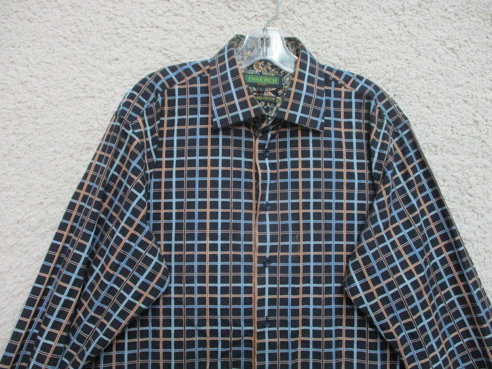 Inserch Icon Button Up Shirt Large Adult Dark Blue Check Flip Cuff Collar Mens - Image 2 of 4