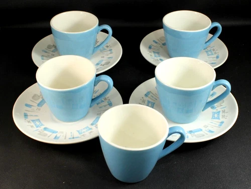 Royal China BLUE HEAVEN Cups & Saucers * Set of 4 * plus MCM Atomic Age V. NICE