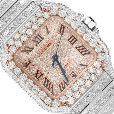 NEW 16TCW Natural Diamond Cartier Santos Large 40mm Full Pave Roman Dial Men's W